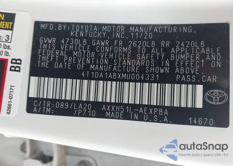 2021 Toyota Avalon Limited Hybrid z USA, uszkodzony, nr VIN 4T1DA1ABXMU004331